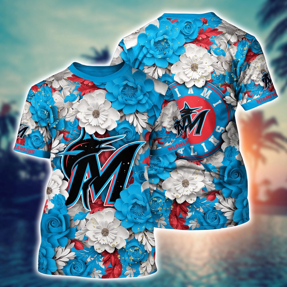 MLB Miami Marlins 3D T-Shirt Flower Tropical For Sports Enthusiasts