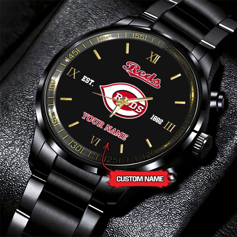MLB Cincinnati Reds Watch Baseball Game Time Custom Name Black Fashion Watch