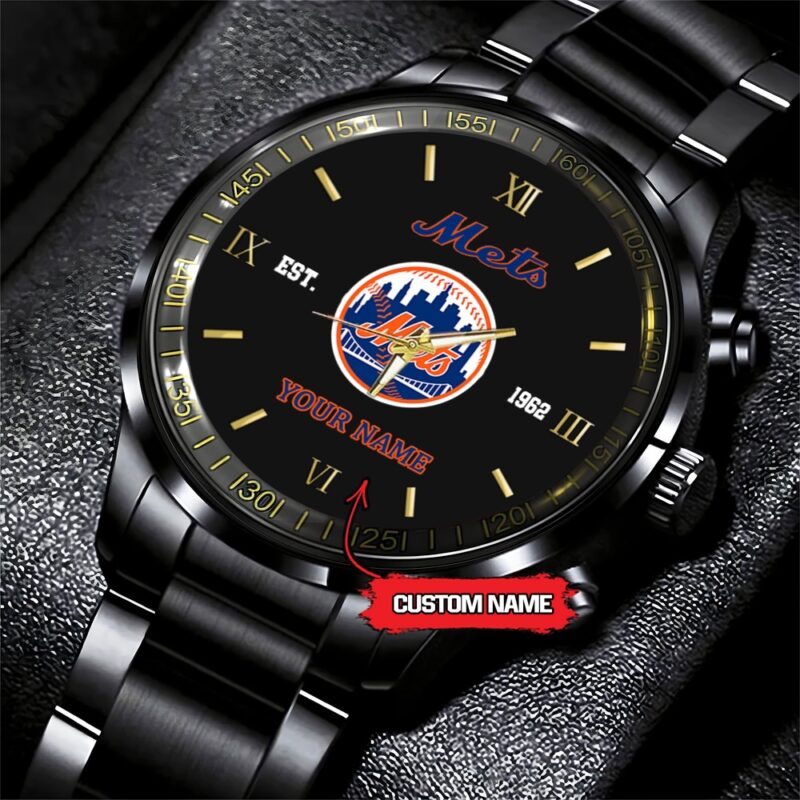 MLB New York Mets Watch Baseball Game Time Custom Name Black Fashion Watch