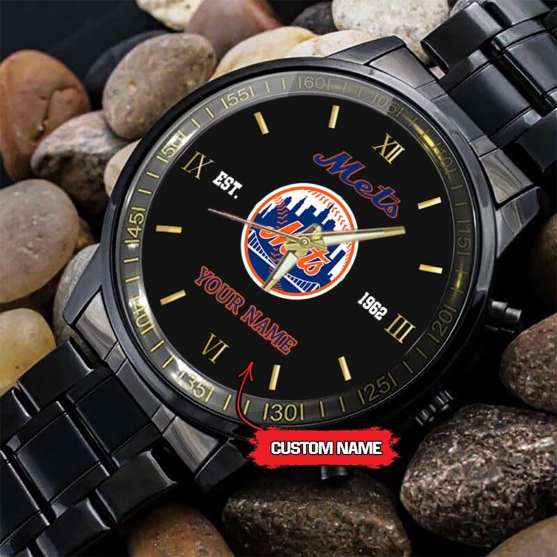 MLB New York Mets Watch Baseball Game Time Custom Name Black Fashion Watch