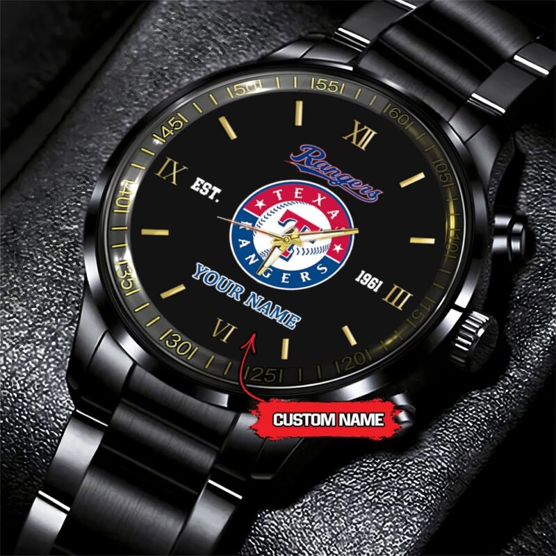 MLB Texas Rangers Watch Baseball Game Time Custom Name Black Fashion Watch