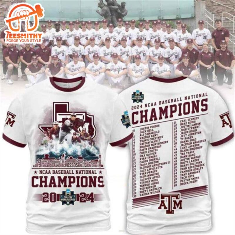 2024 NCAA Baseball National Champions Texas A&M 3D T-Shirt White