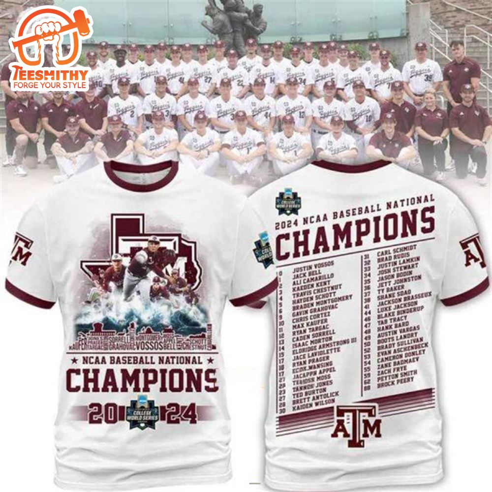 2024 NCAA Baseball National Champions Texas A&M 3D T-Shirt White