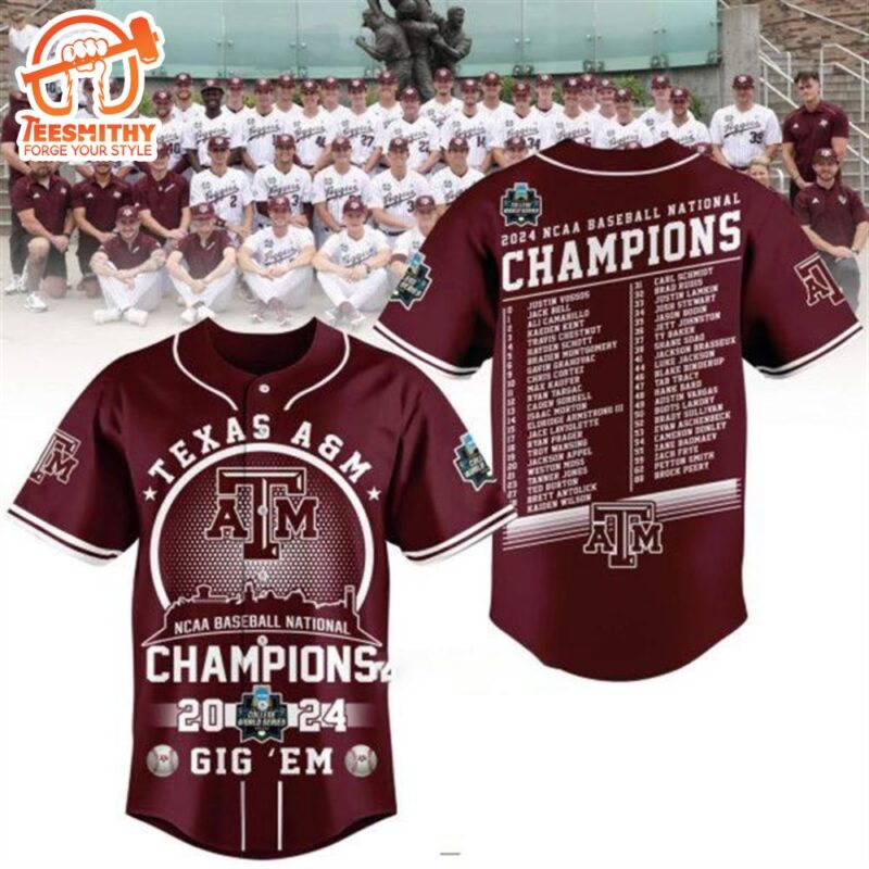 2024 NCAA Baseball National Champions Texas A&M Gig Em Baseball Jersey