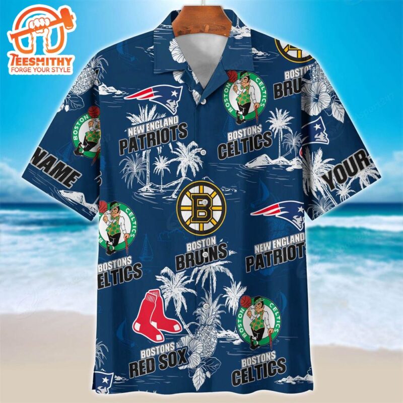 New England Patriots Boston Celtics Boston Bruins Blue Hawaiian Shirt