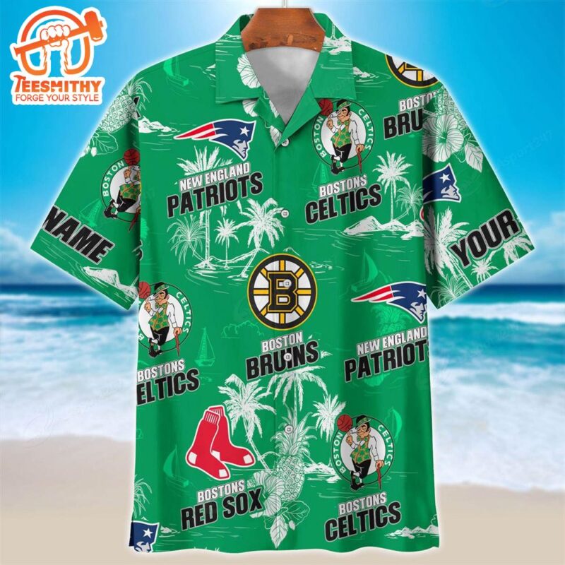 New England Patriots Boston Celtics Boston Bruins Green Hawaiian Shirt