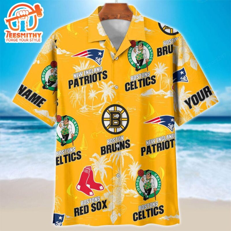 New England Patriots Boston Celtics Boston Bruins Yellow Hawaiian Shirt