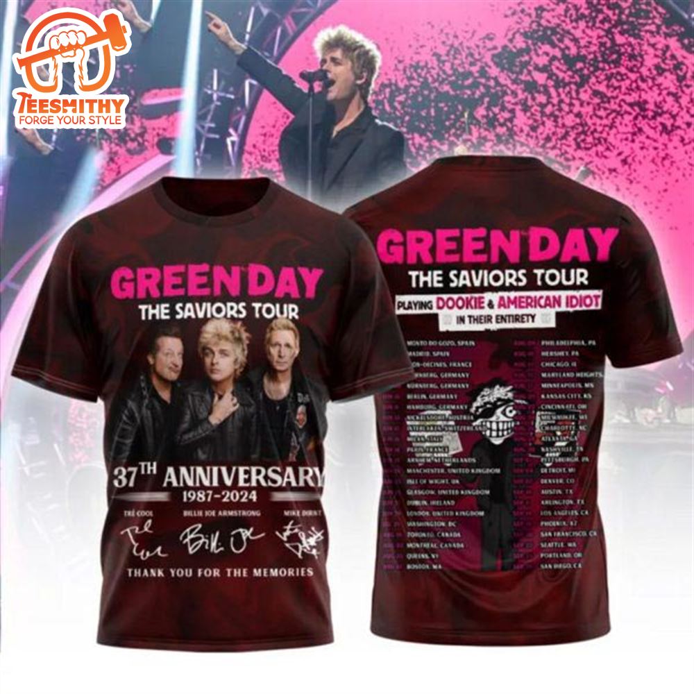 Green Day The Saviors 37th Anniversary 1987-2024 Signature Thank You For The Memories 3D T-Shirt