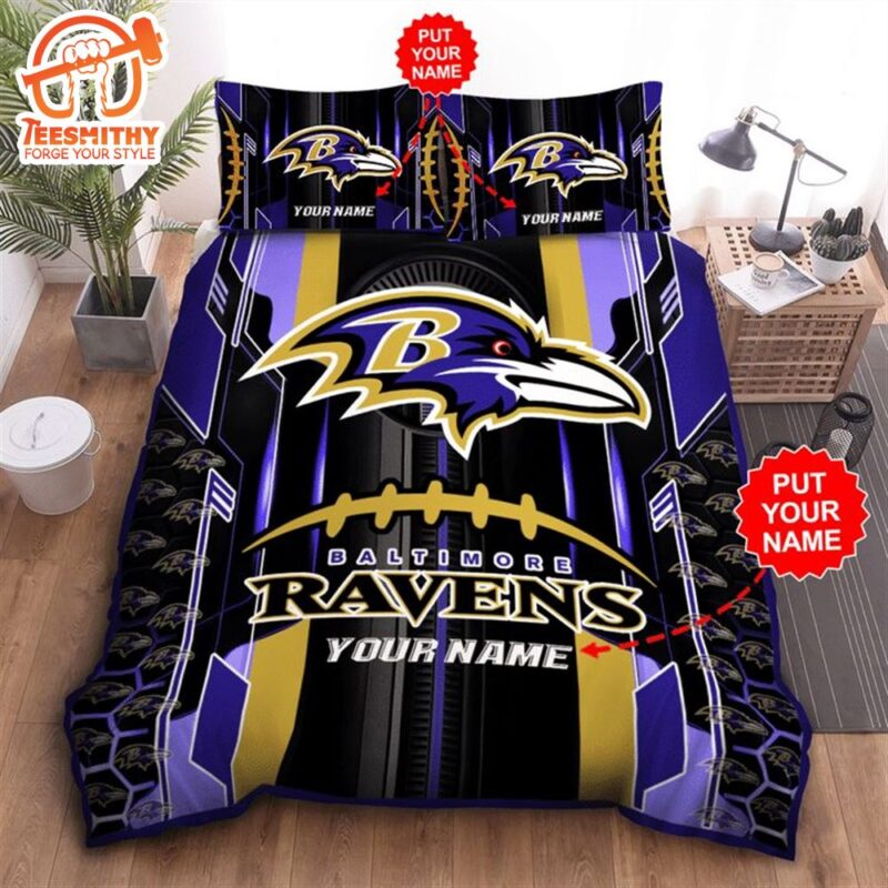 NFL Baltimore Ravens Custom Name Black Purple Bedding Set