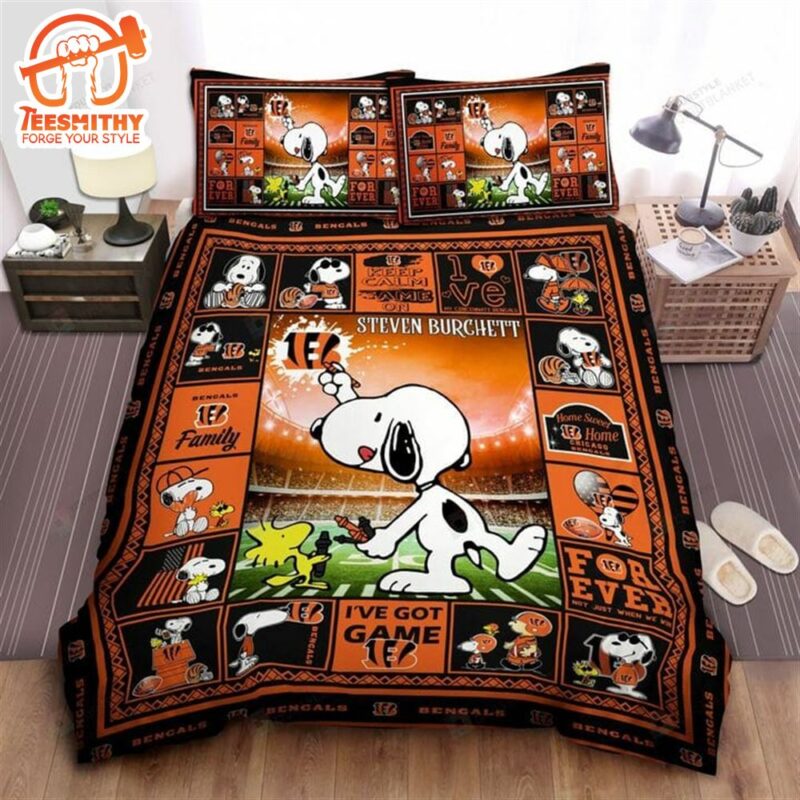 NFL Cincinnati Bengals Custom Name Snoopy Orange Black Bedding Set