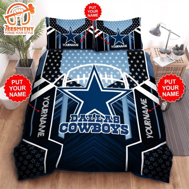 NFL Dallas Cowboys Custom Name Black Light Blue Bedding Set