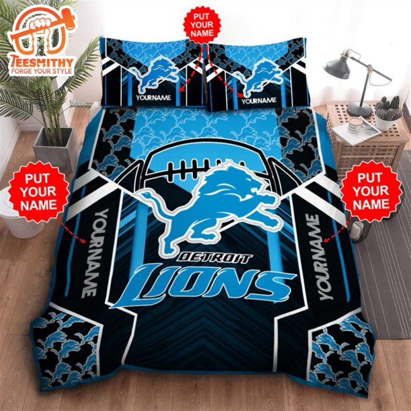 NFL Detroit Lions Custom Name Black Blue Bedding Set