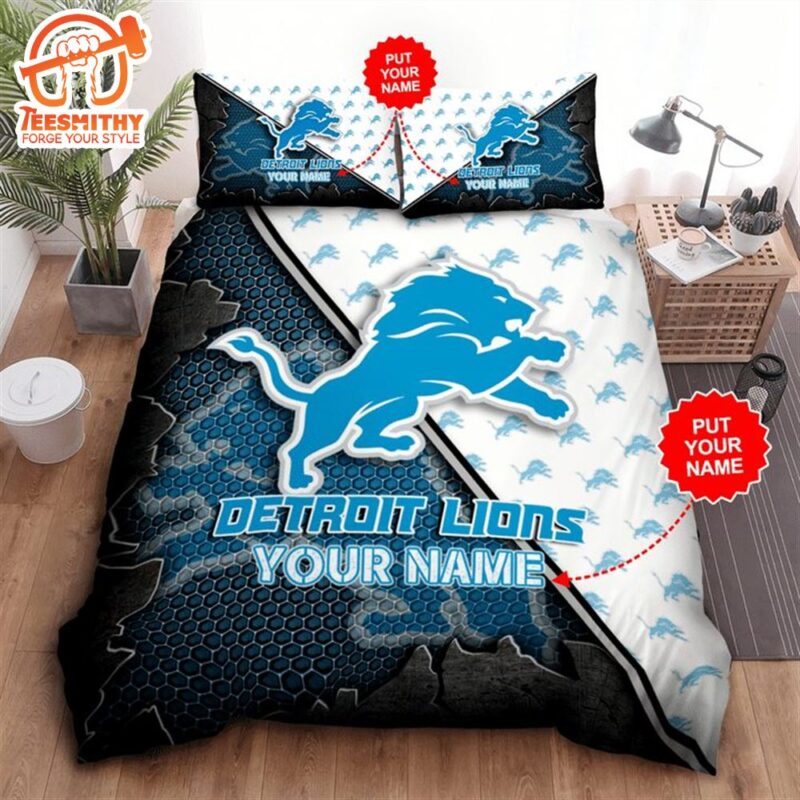 NFL Detroit Lions Custom Name Blue White Bedding Set