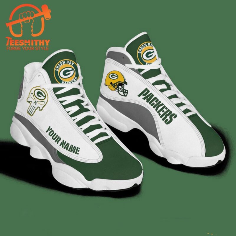NFL Green Bay Packers Punisher Skull Custom Name Air Jordan 13 Shoes