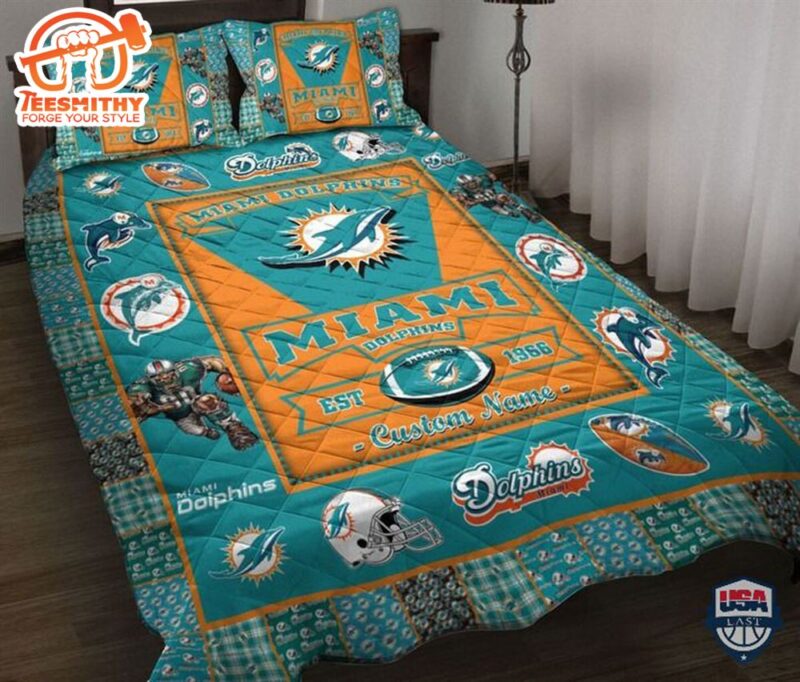 NFL Miami Dolphins Custom Name Aqua Orange Est 1966 Bedding Set