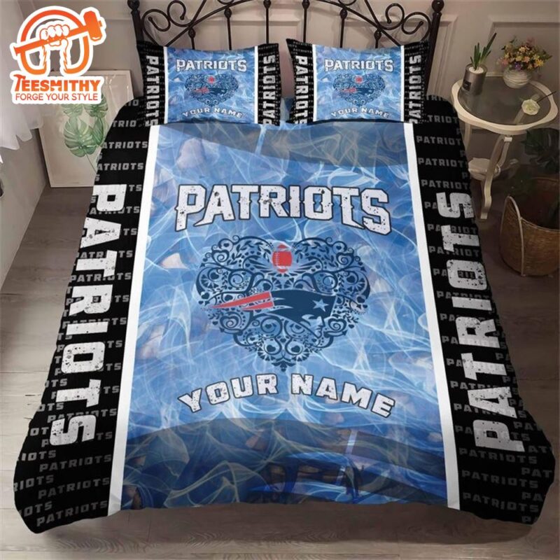NFL New England Patriots Black Light Blue Heart Custom Name Bedding Set