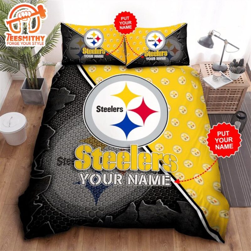 NFL Pittsburgh Steelers Custom Name Black Golden Logo Bedding Set