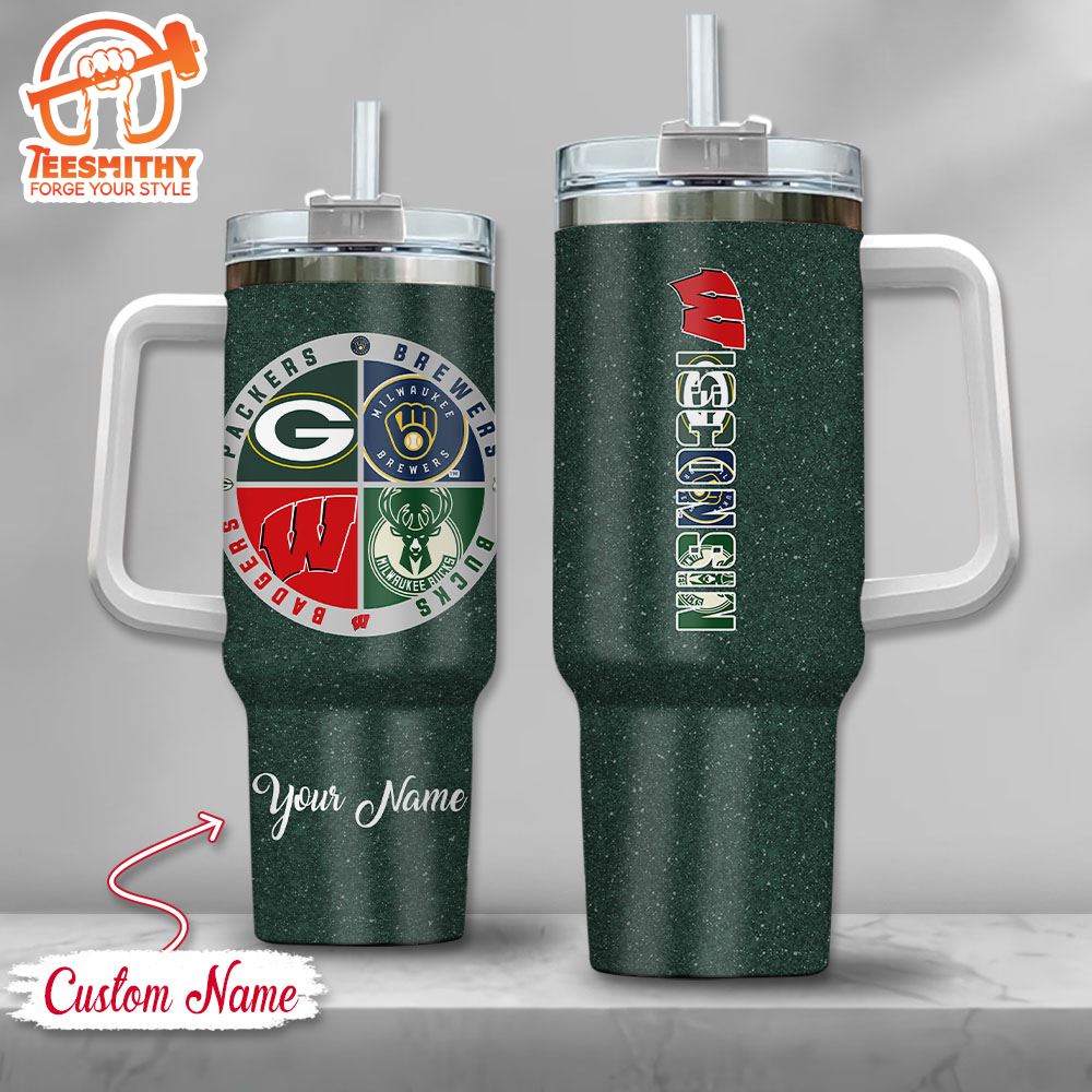 Wisconsin Sports Logo Team Custom Name Handle Cup Green Tumbler 40OZ