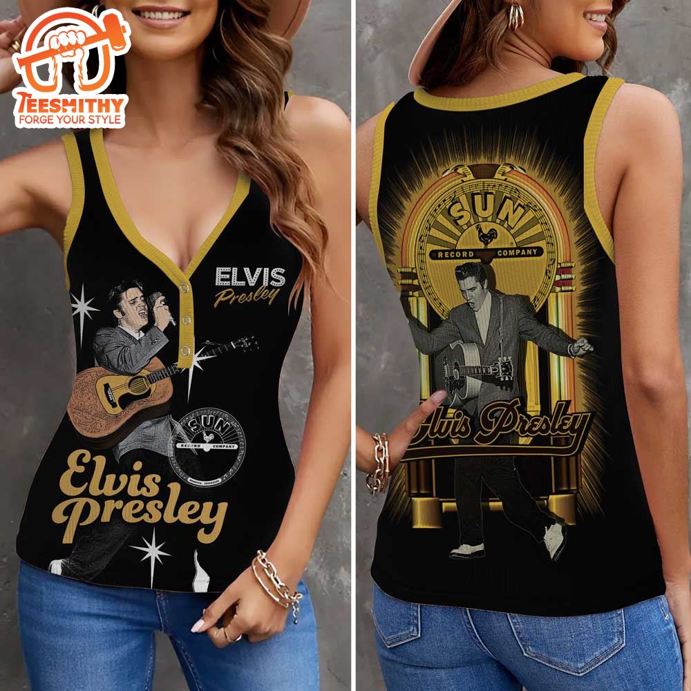 Elvis Playing Guitar Women V-Neck Ribbed Tank Top