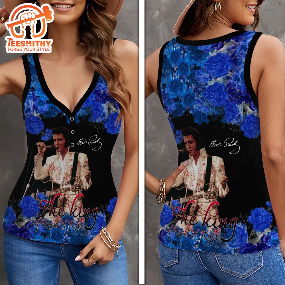 Elvis Presley Rock And Roll Women V-Neck Ribbed Tank Top