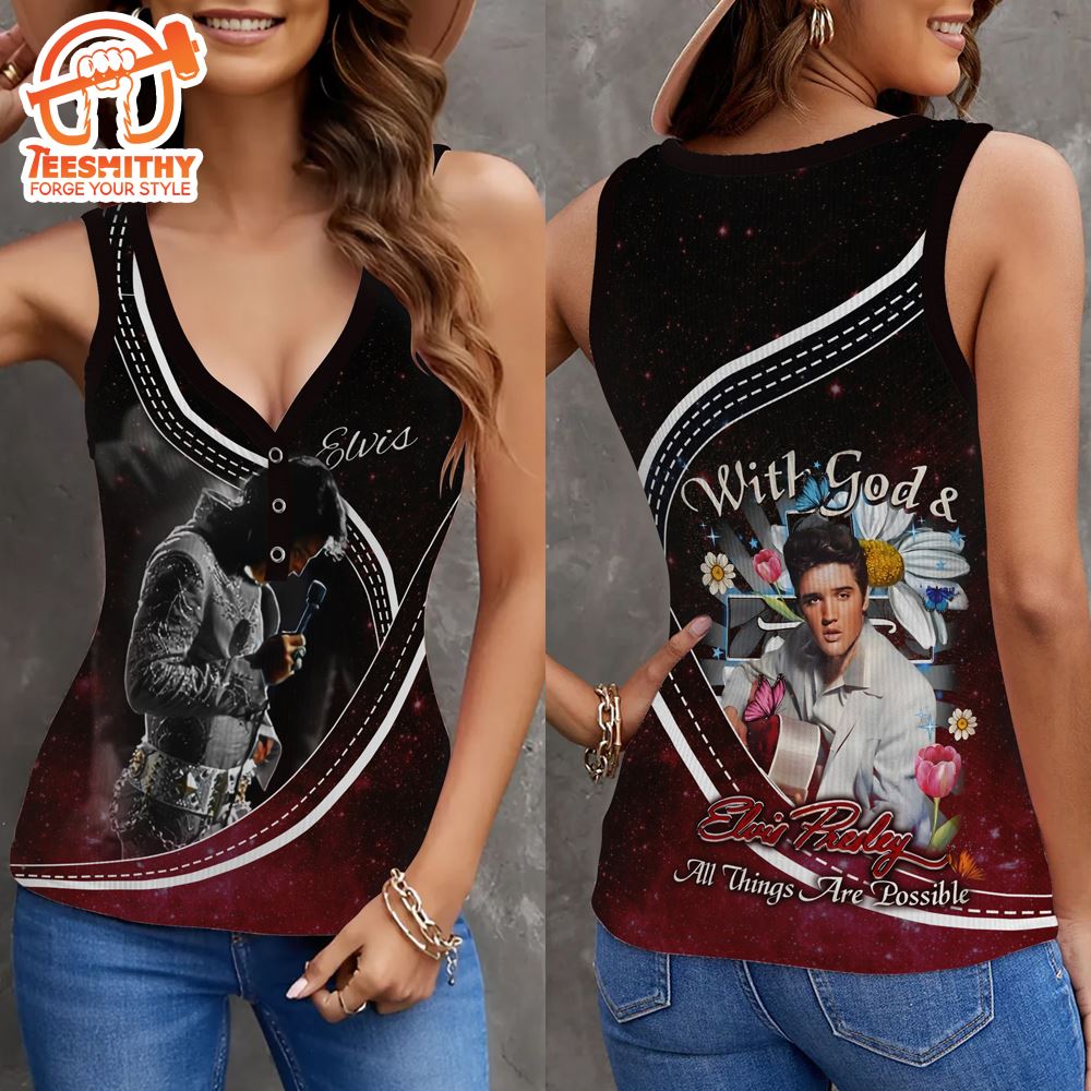 Elvis Presley With God Women V-Neck Ribbed Tank Top