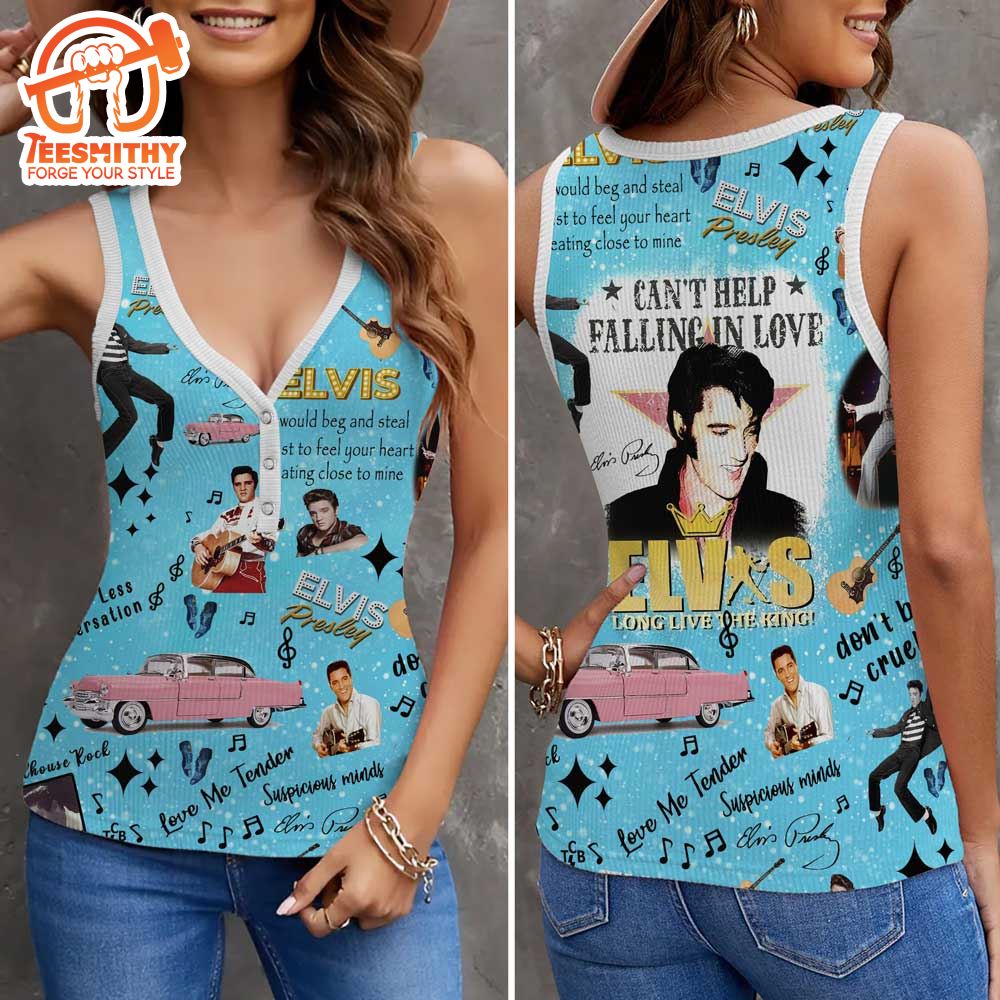 Elvis Presley Women V-Neck Ribbed Tank Top, Retro Elvis Presley