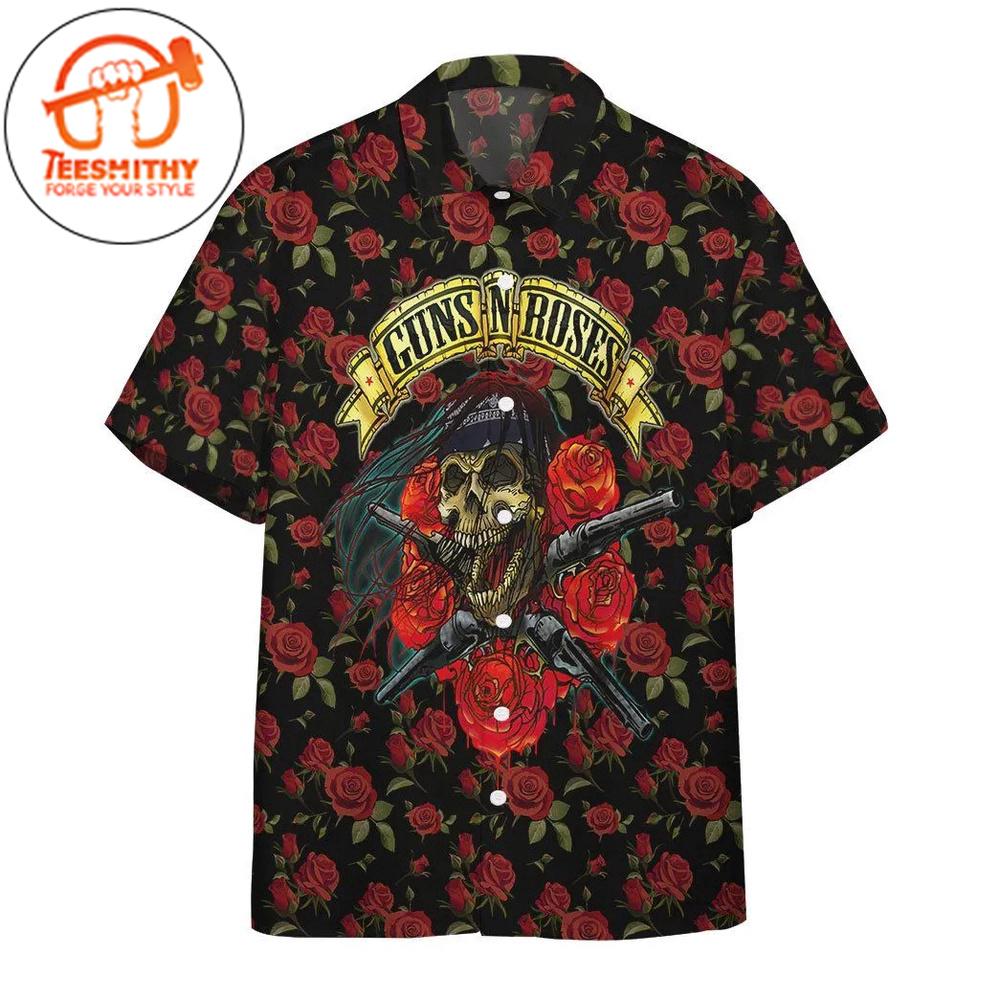 3d Skulls With Guns And Roses Hawaiian Button Up Shirts