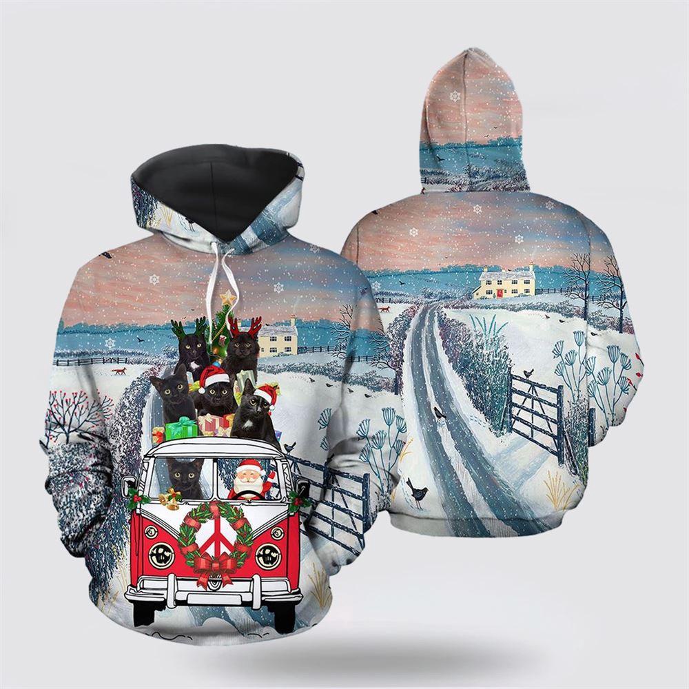 Black Cat Santa Christmas All Over Print 3D Hoodie