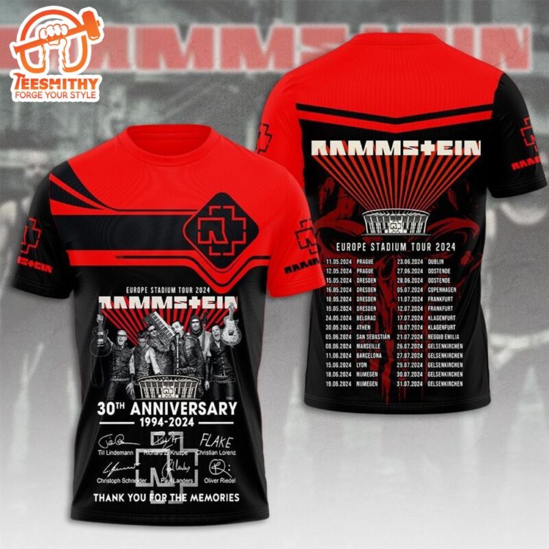 Europe Stadium Tour 2024 Rammstein Logo 30th Anniversary 1994-2024 Thank You For The Memories 3D T-Shirt