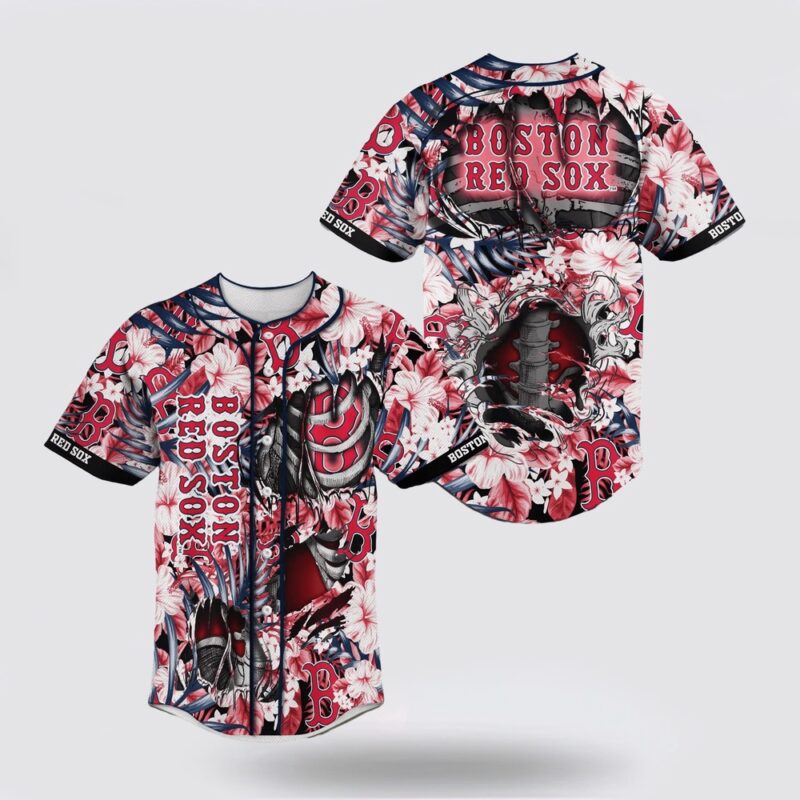 MLB Boston Red Sox Baseball Skeleton And Floral Pattern For Fans Jersey