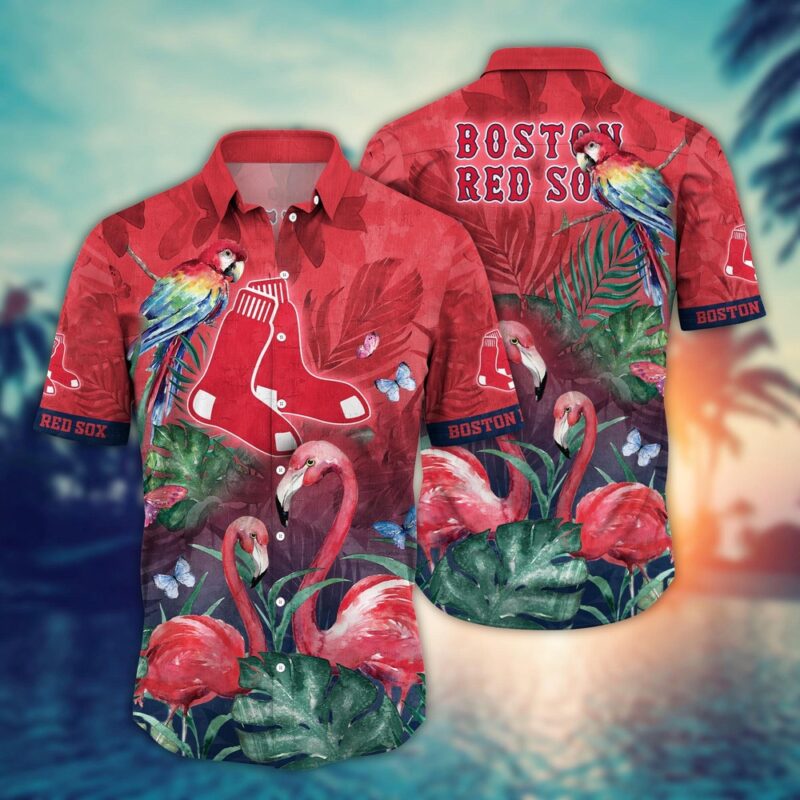 MLB Boston Red Sox Hawaiian Shirt Flower Pink Crane Pattern For Fans