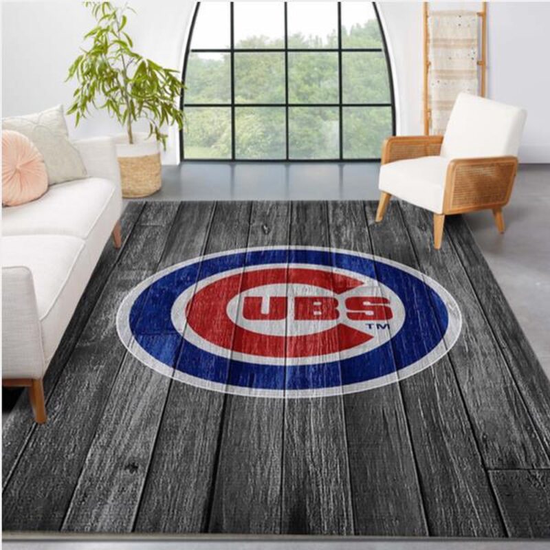 MLB Chicago Cubs Area Rug Logo Grey Wooden Style Gift Home Decor