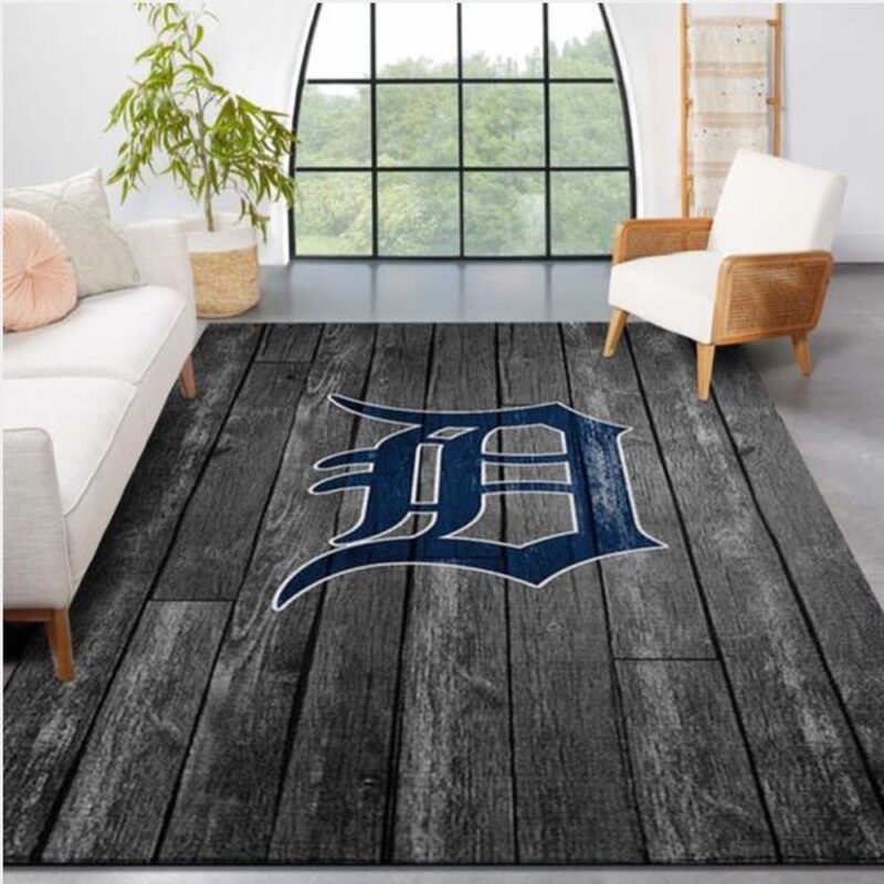 MLB Detroit Tigers Area Rug Logo Grey Wooden Style Style Nice Gift Home Decor