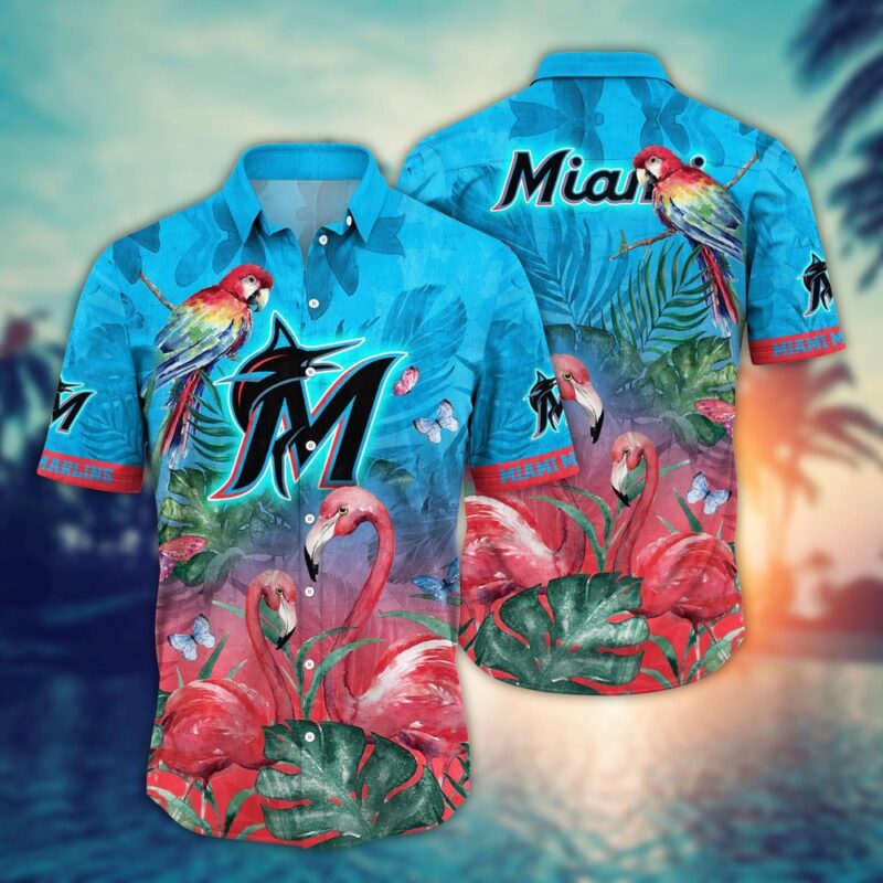MLB Miami Marlins Hawaiian Shirt Flower Pink Crane Pattern For Fans