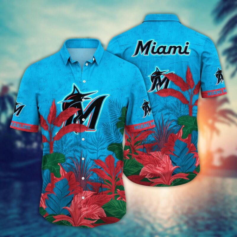 MLB Miami Marlins Hawaiian Shirt Flower Tropical Trees Pattern For Fans