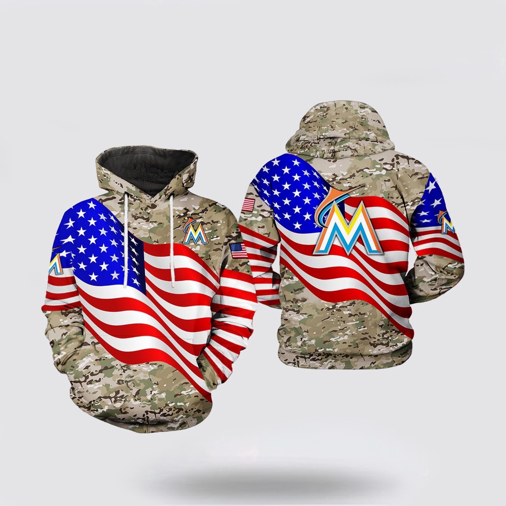 MLB Miami Marlins US Flag 3D Hoodie Camo Veteran Gift For Fan MLB