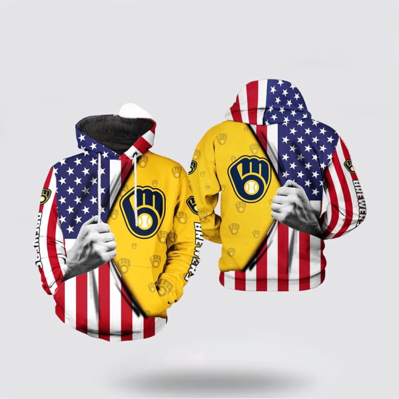 MLB Milwaukee Brewers 3D Hoodie US Flag For Fan MLB