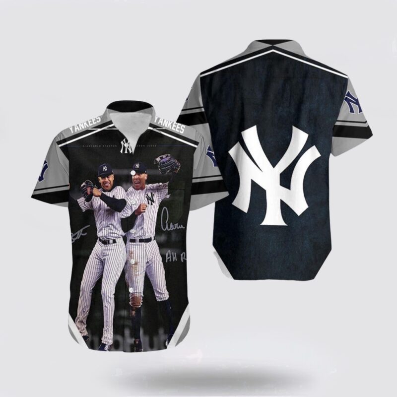 MLB New York Yankees Hawaiian Shirt Aaron Judge All Rise And Giancarlo Stanton Jumping For Fan MLB