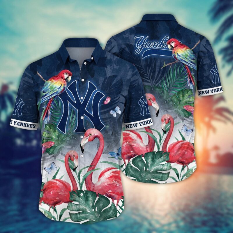 MLB New York Yankees Hawaiian Shirt Flower Pink Crane Pattern For Fans