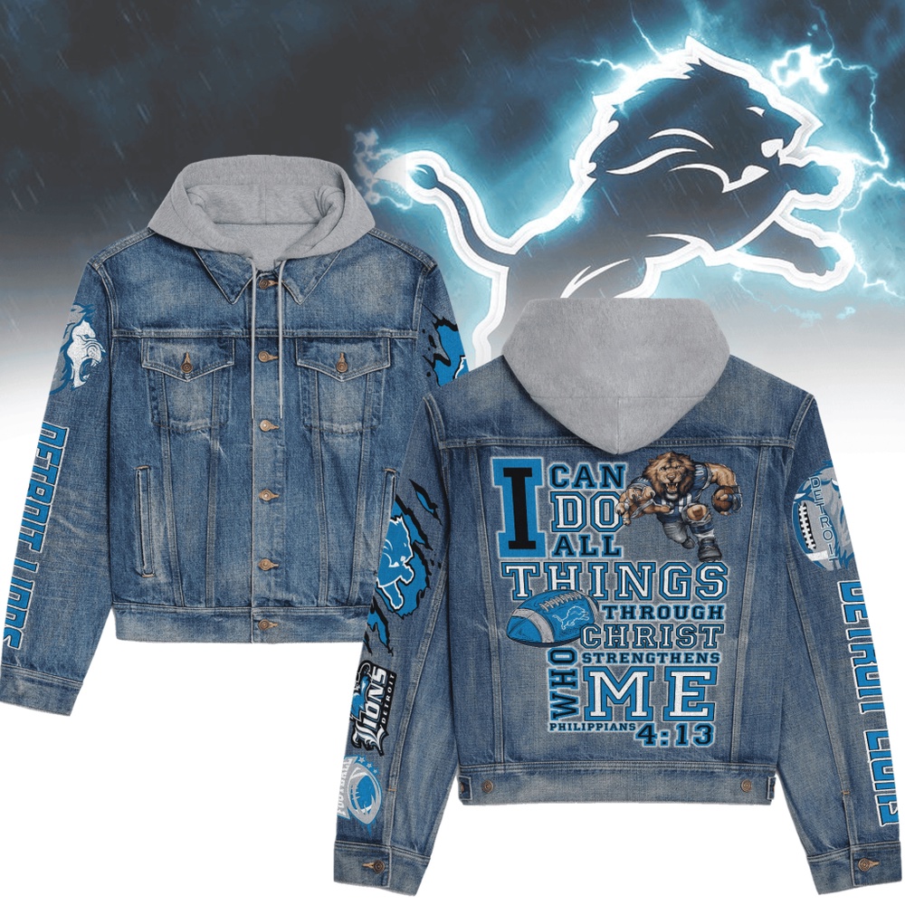 Detroit Lions Men’s Premium Hooded Denim Jacket Version 1