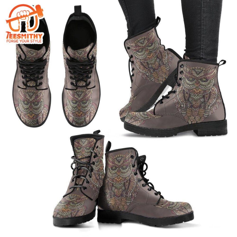 Abstract Owl Women Leather Boots Gifts For Owl Lover