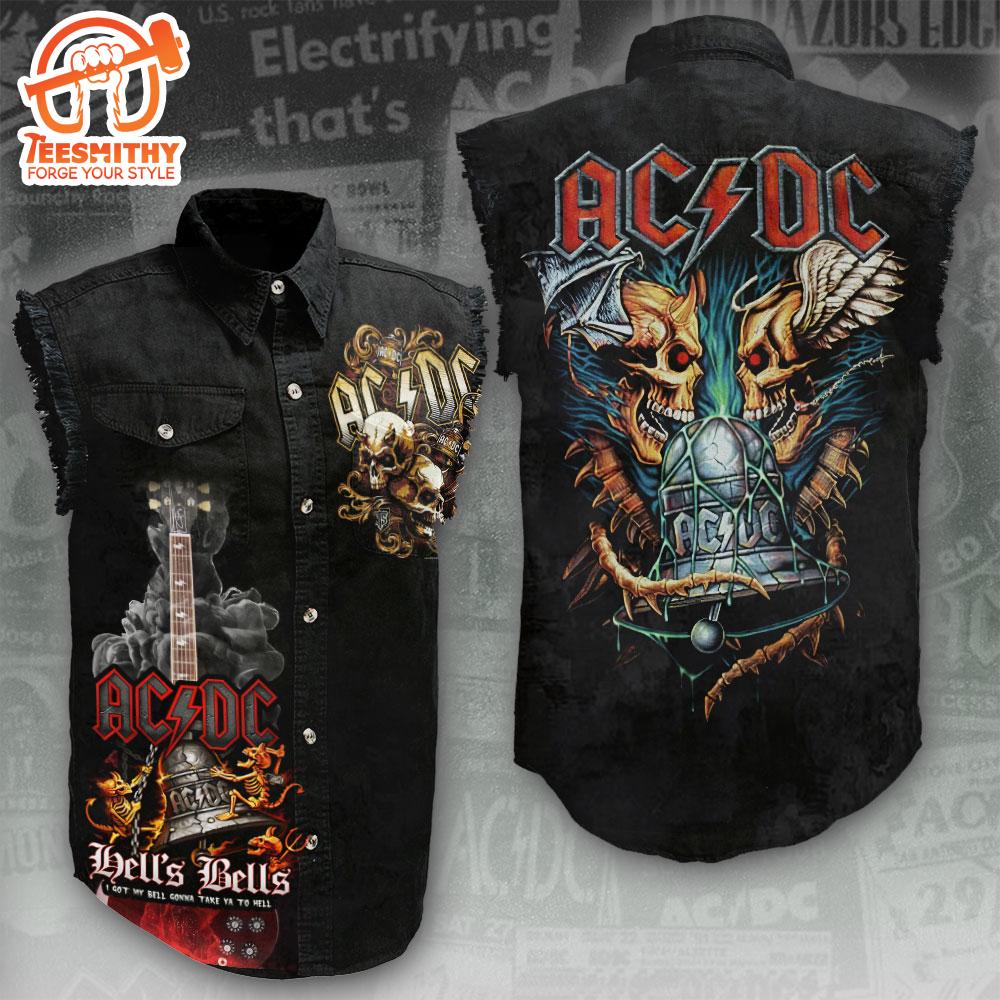 Acdc Band Ac Dc Rock Music Pwr Up Tour 2024 Sleeveless Denim Shirt