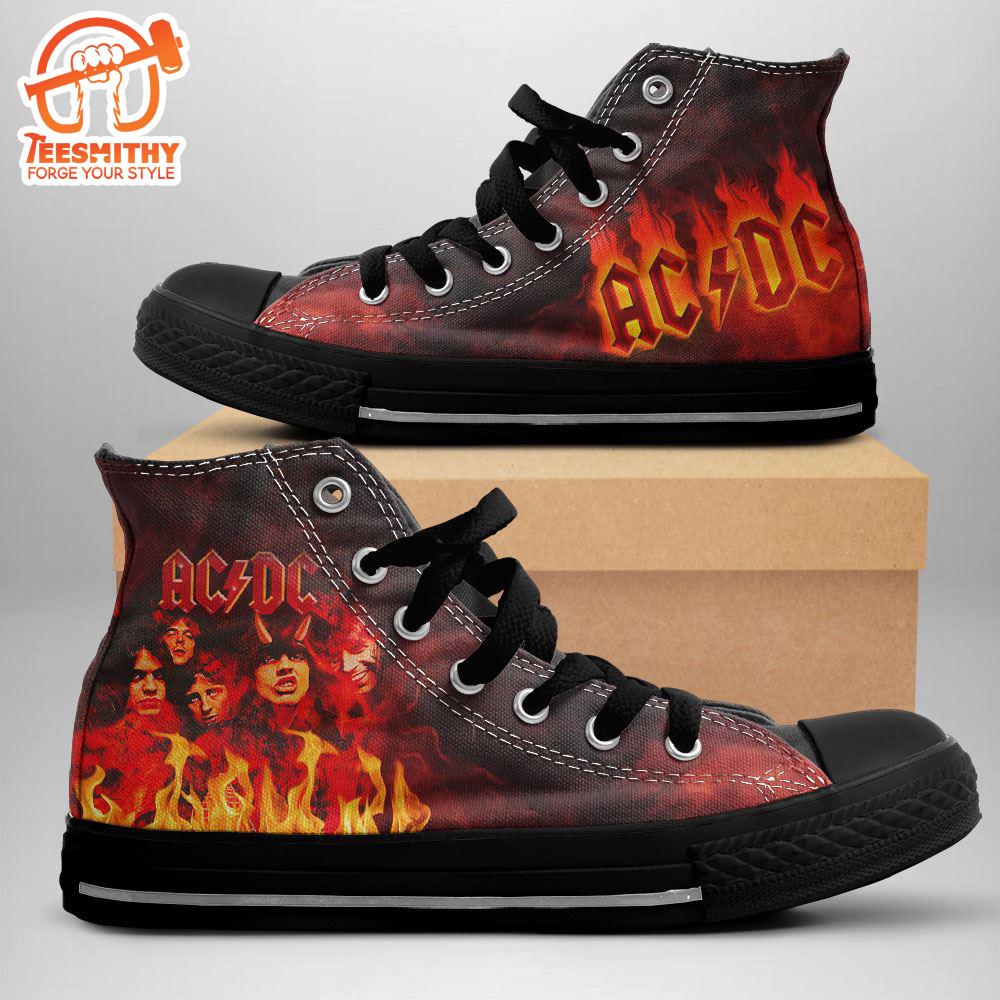 Acdc Rock Band, Acdc Red Fiery Shoes , Acdc High Top Canvas Shoes