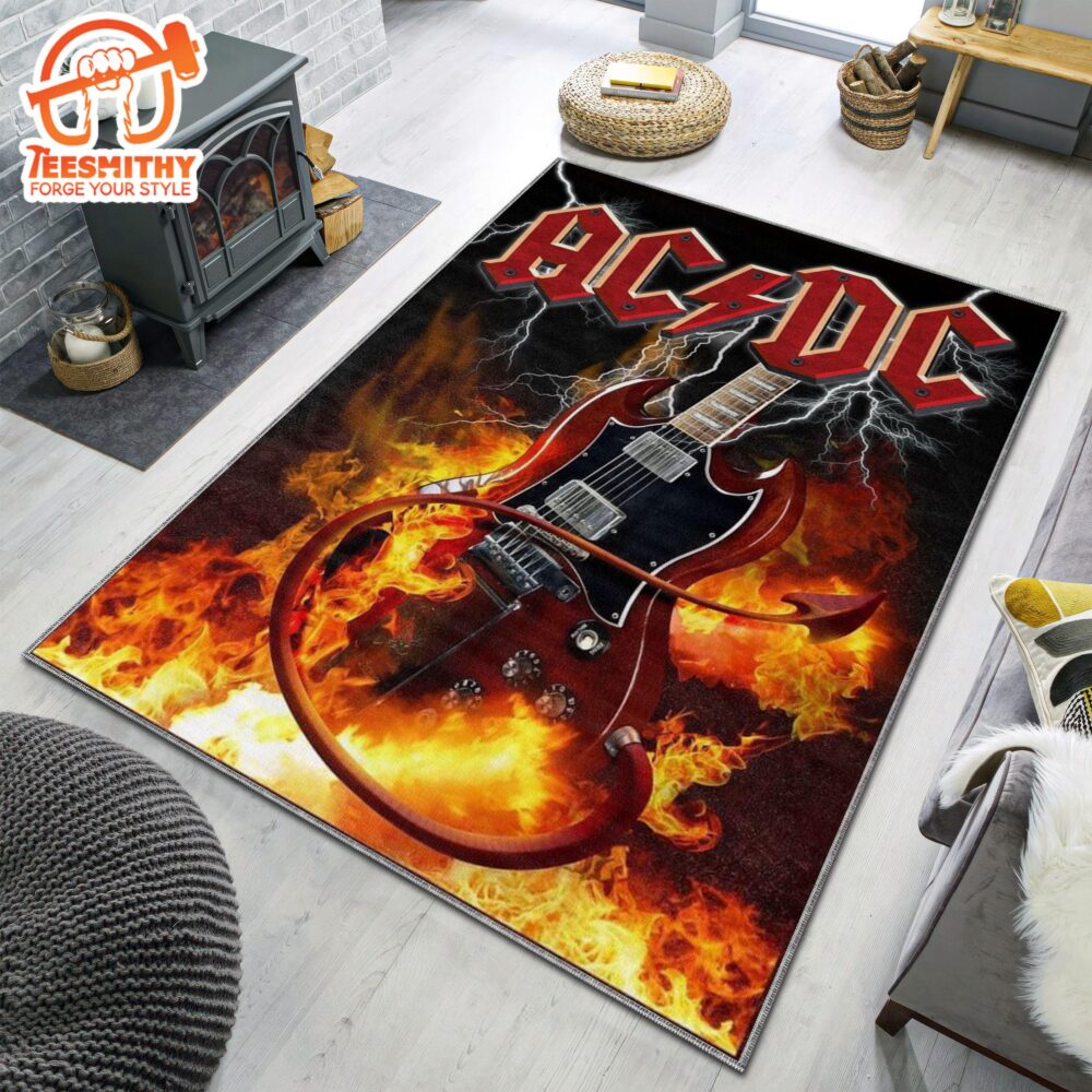 ACDC Rock Band Fire Guitar Area Rug Electric Musical Decor for Fans