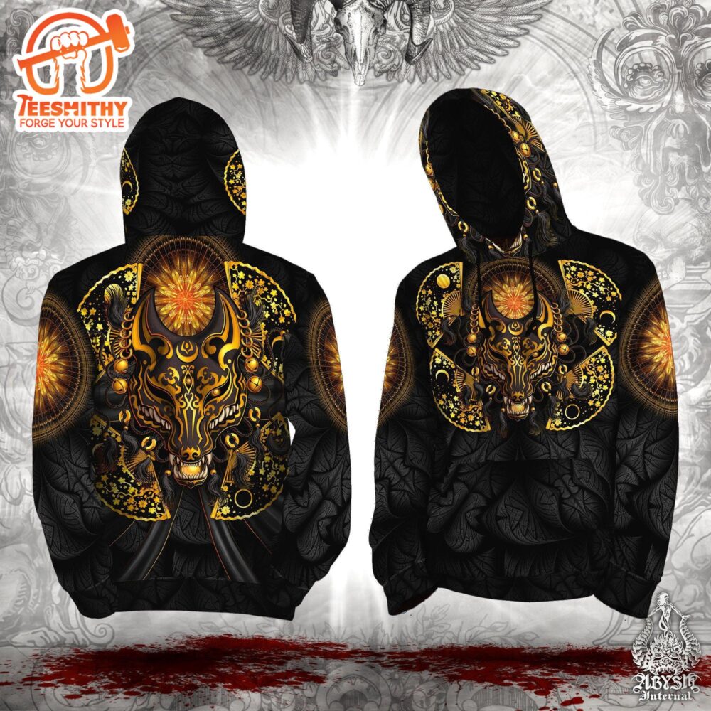 Anime , Skater Outfit Fox Or Kitsune Mask, Black And Gold All Over Printed Hoodie