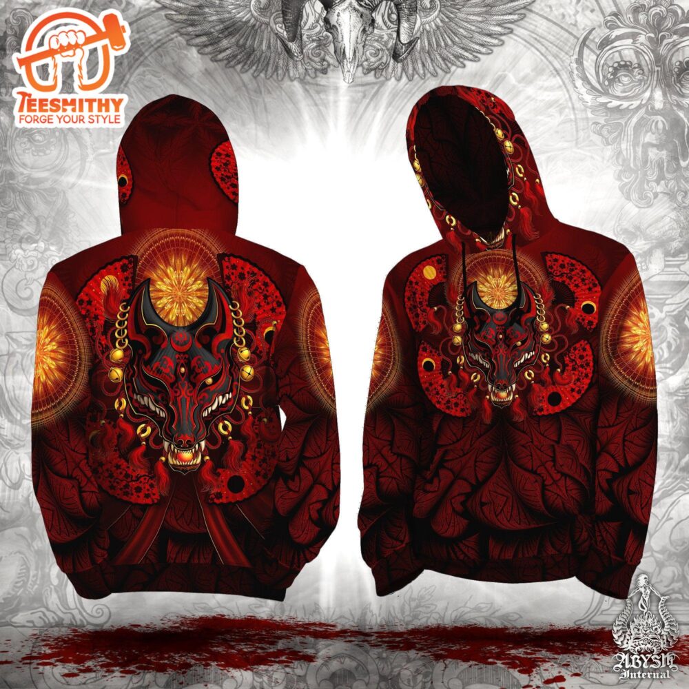 Anime , Skater Outfit, Fox Or Kitsune Mask, Red And Black All Over Printed Hoodie