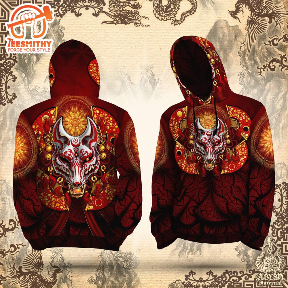 Anime , Skater Outfit Fox Or Kitsune Mask, Red And White All Over Printed Hoodie