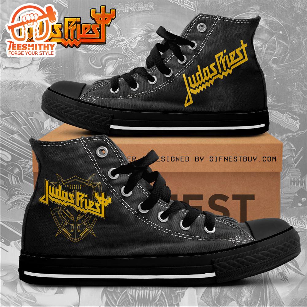 Black And Yellow Judas Priest Shoes, Judas Priest High Top Canvas Shoes, Judas Priest Gift