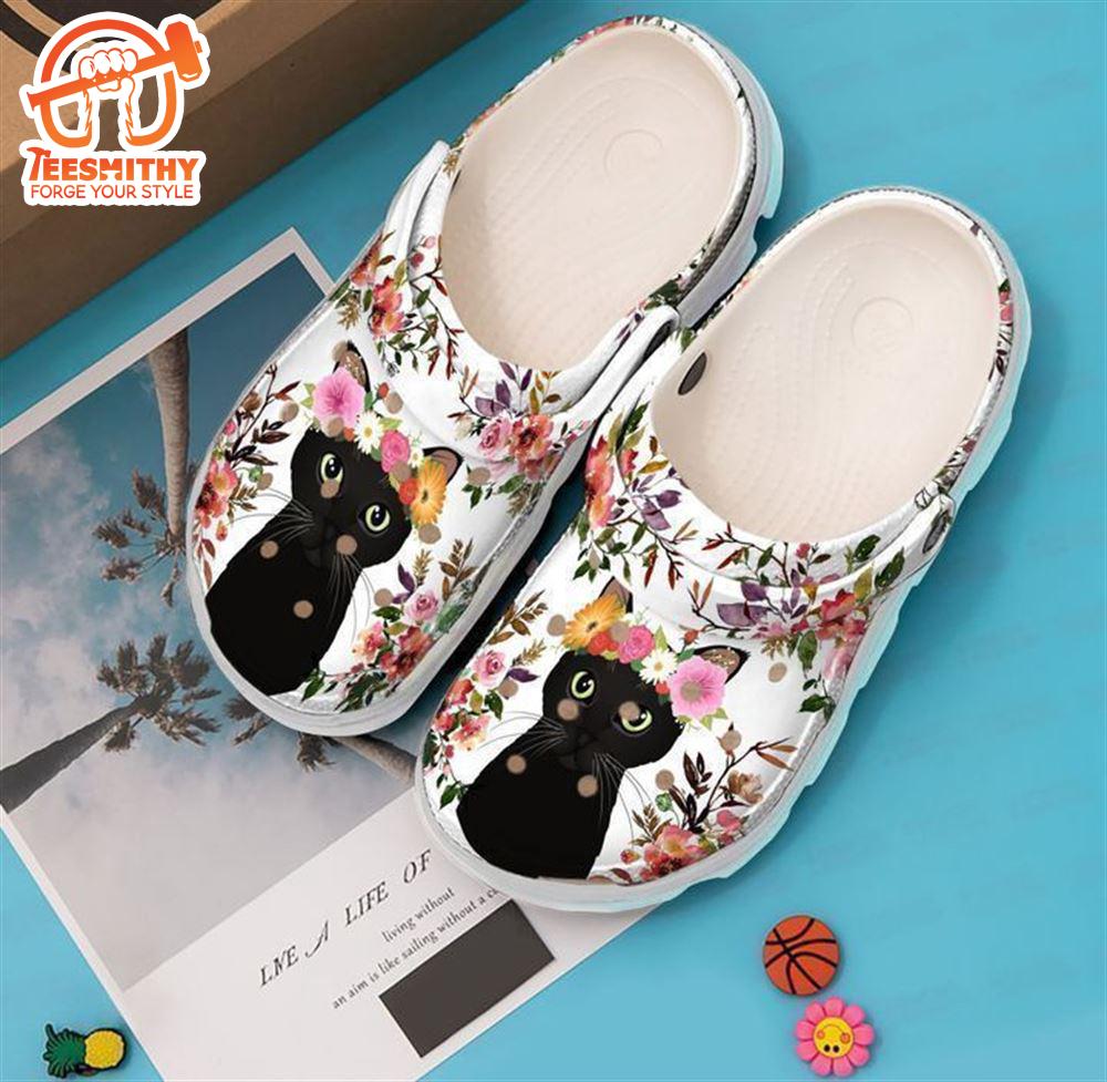 Black Cat Floral Classic Clogs Shoes