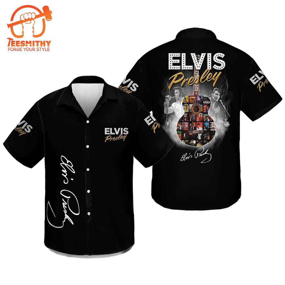 Black Elvis Hawaiian Aloha Shirts With Album Collage Guitar